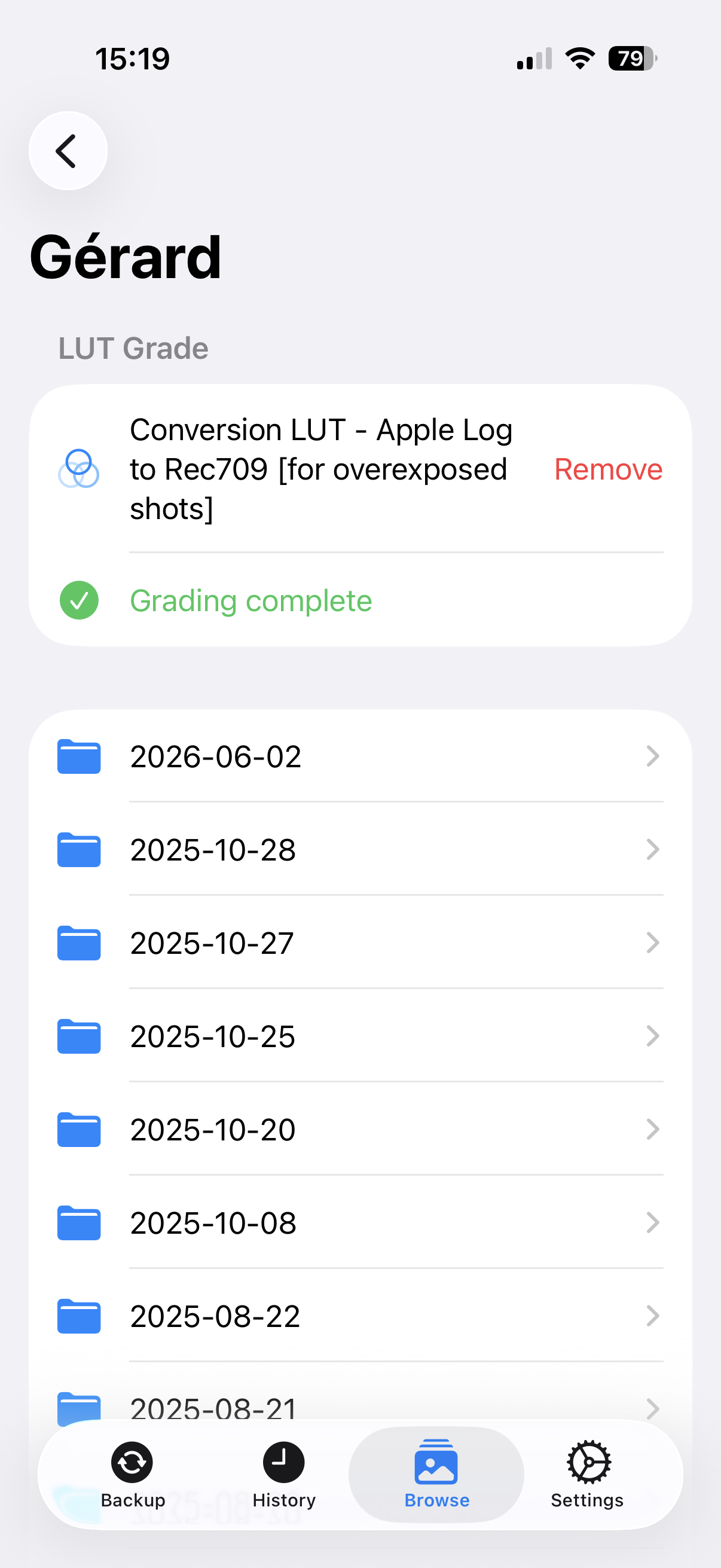 Browse — device folder after grading complete, LUT assigned and "Grading complete" confirmation