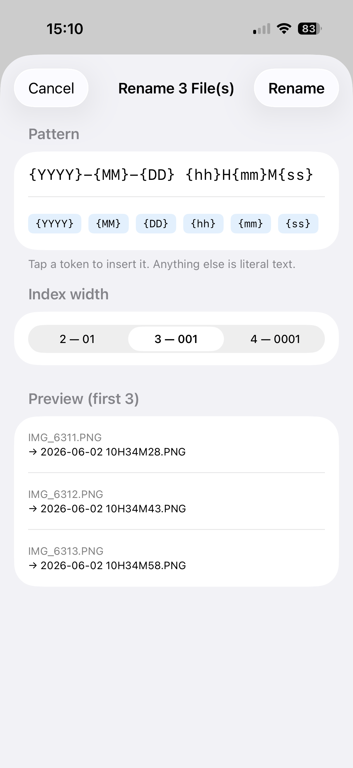 Browse — rename sheet with pattern tokens, index width picker, and live preview