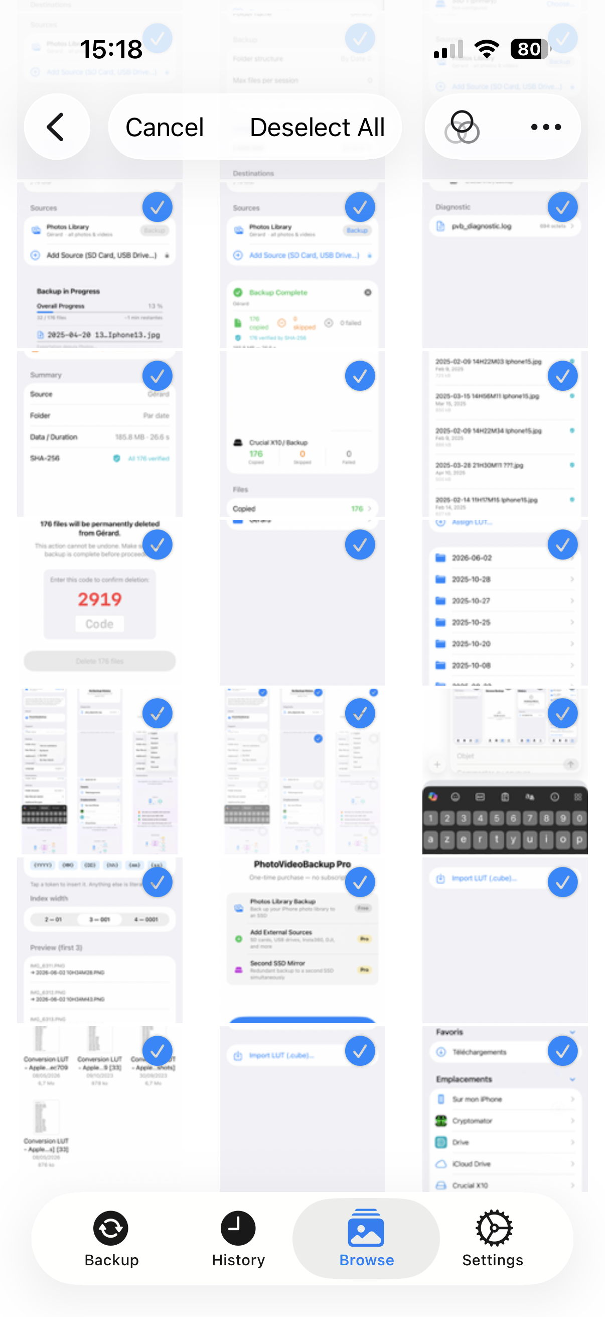 Browse — all files selected, Select All / Deselect All toolbar, Rename and Share buttons