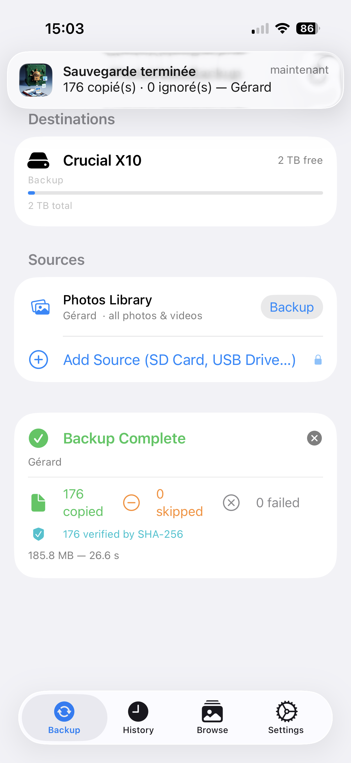 Completion banner — 176 copied, 0 skipped, 0 failed, 185.8 MB in 26.6 s