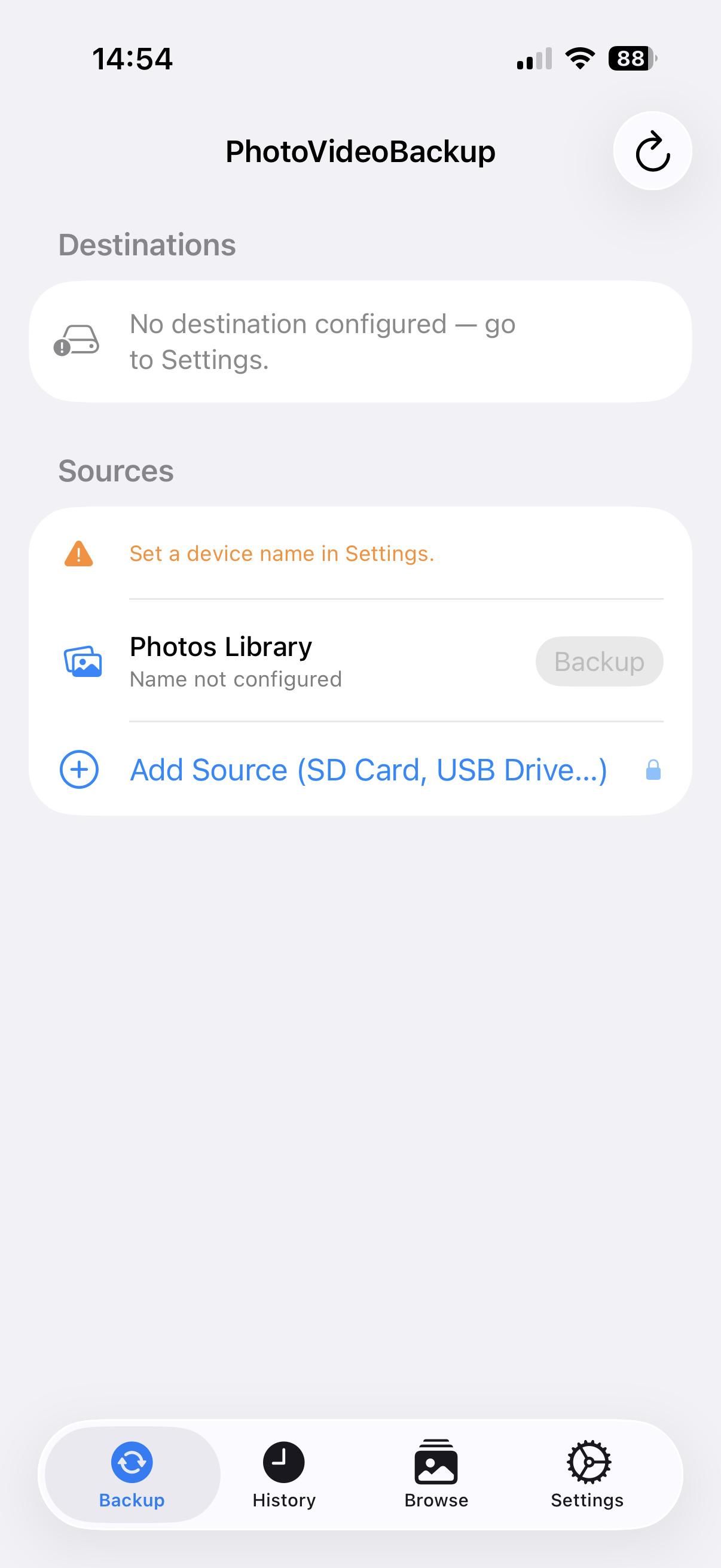 Dashboard — device name not configured, no destination set