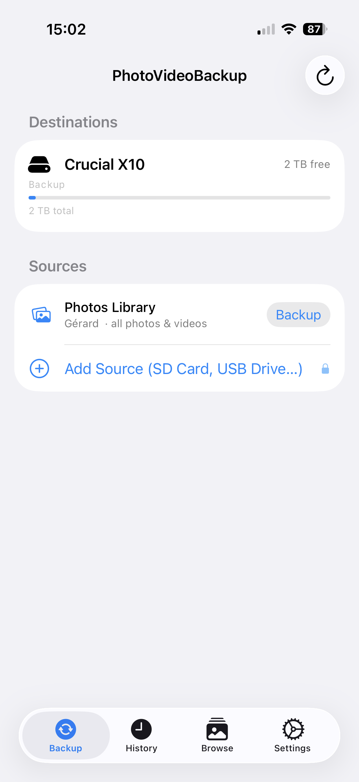 Dashboard — SSD connected, Photos Library source ready