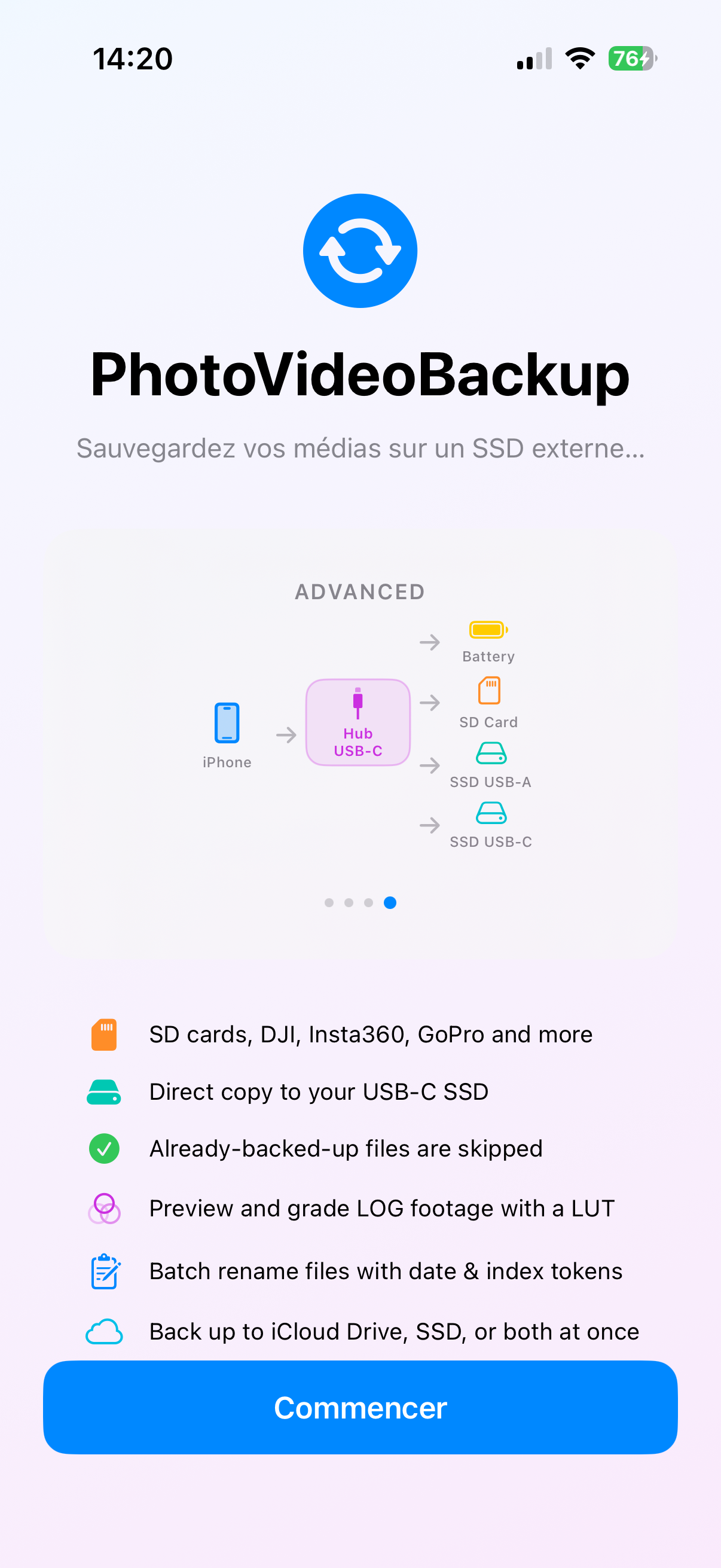 Onboarding — Advanced setup: iPhone → Hub → Battery + SD Card + two SSDs