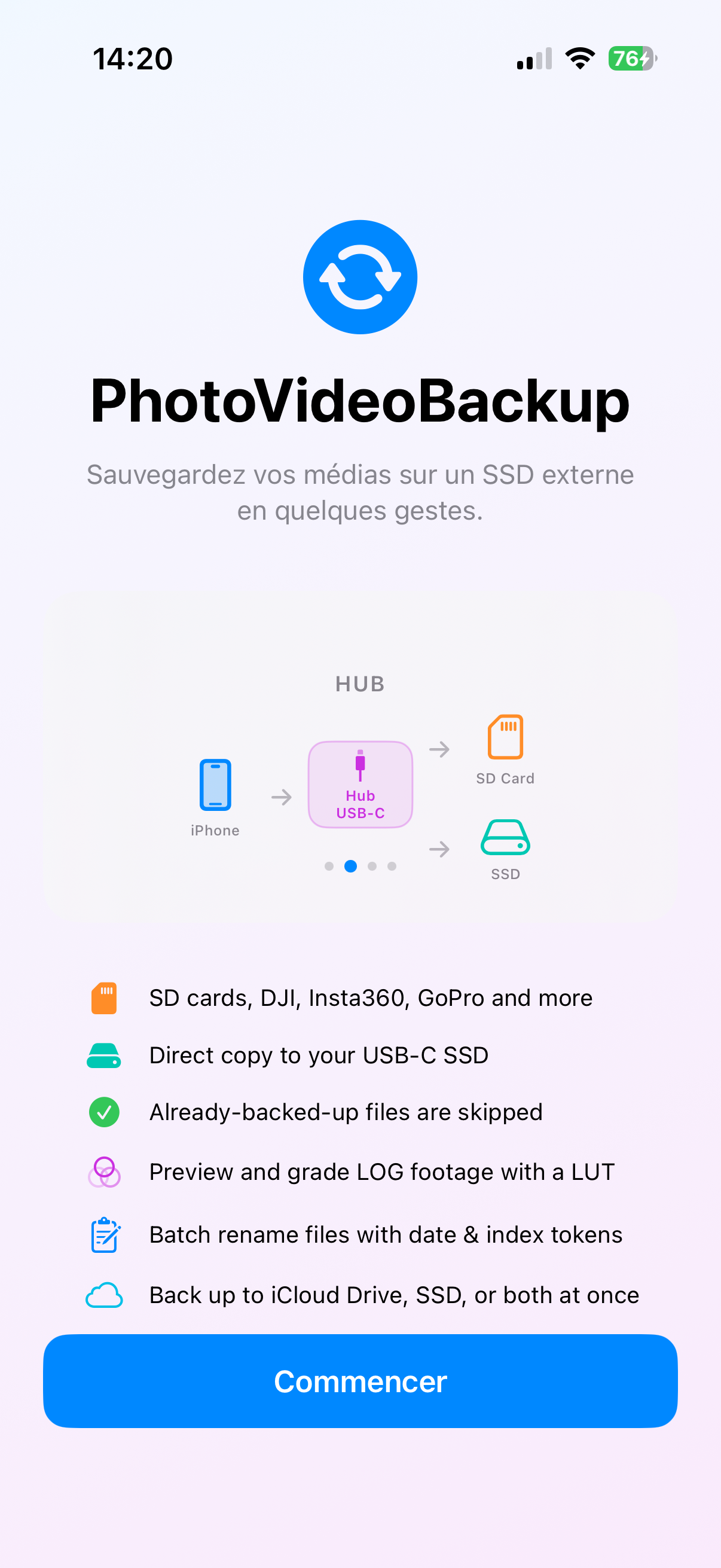Onboarding — Hub setup: iPhone → Hub → SD Card + SSD