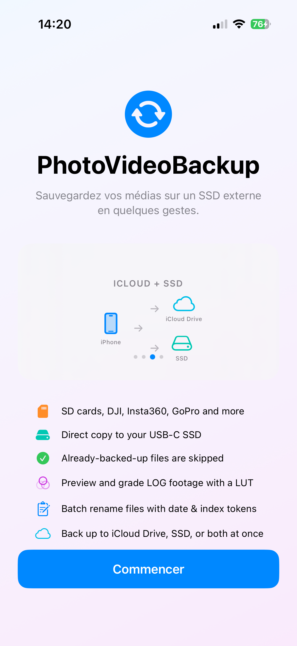Onboarding — iCloud + SSD: iPhone → iCloud Drive + SSD