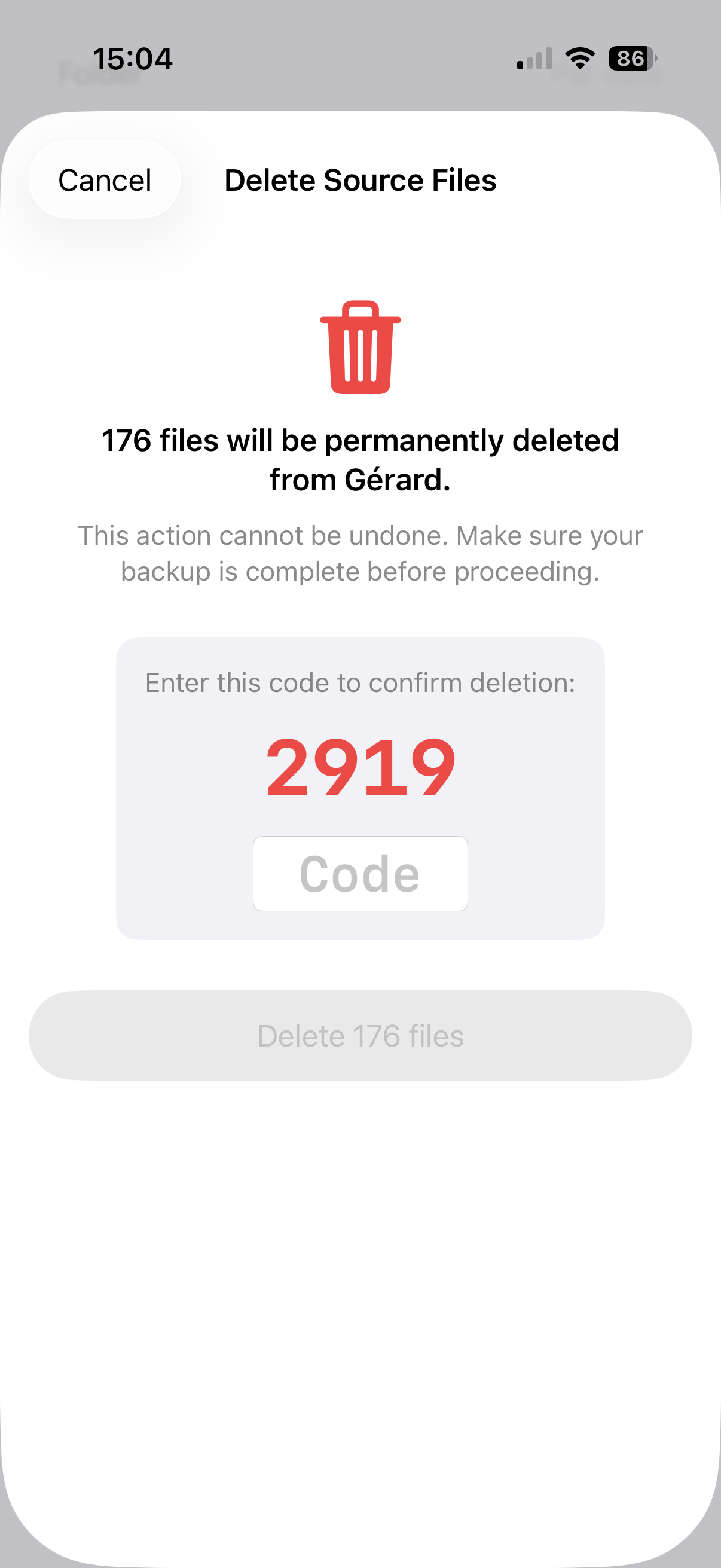 Delete confirmation — enter the code to confirm deletion