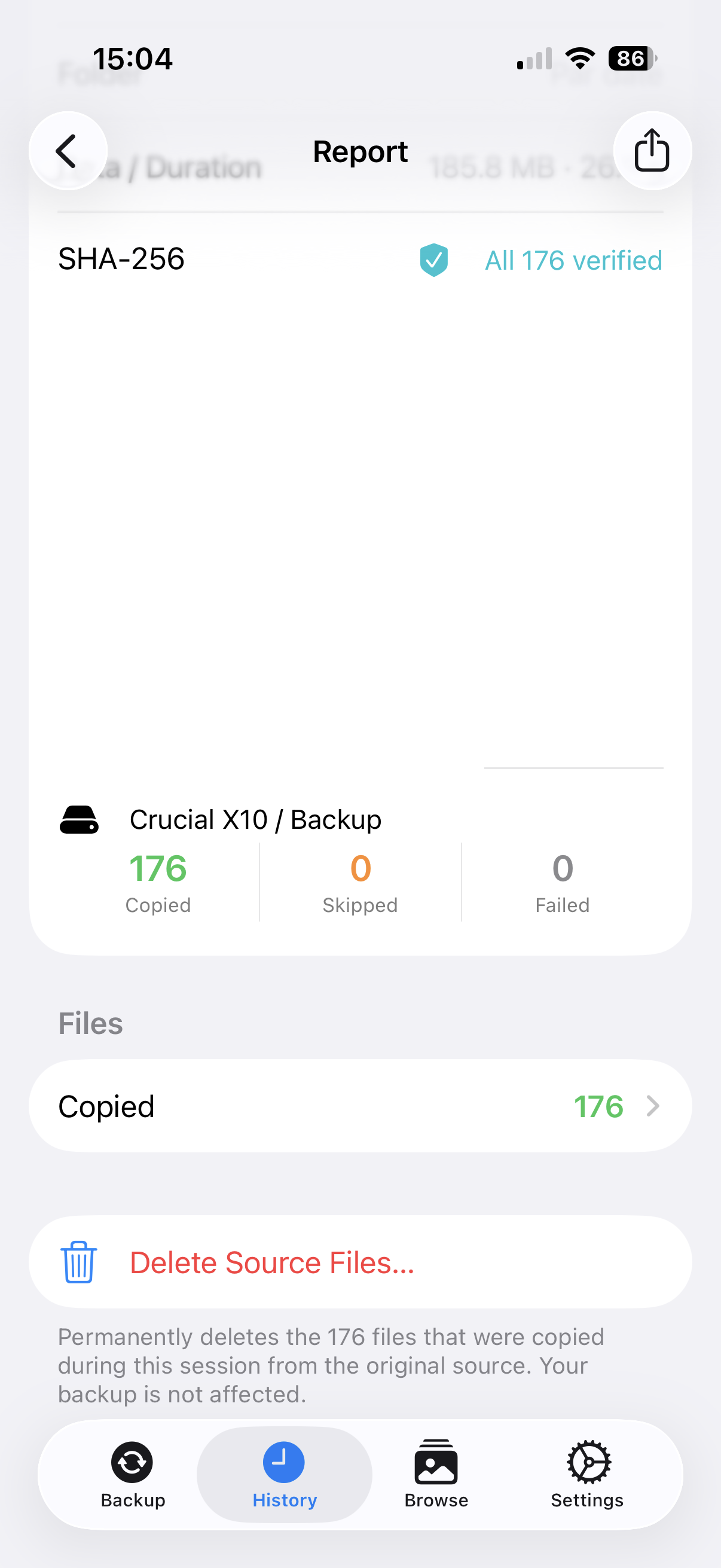 Report — SSD stats, copied file count, Delete Source Files button
