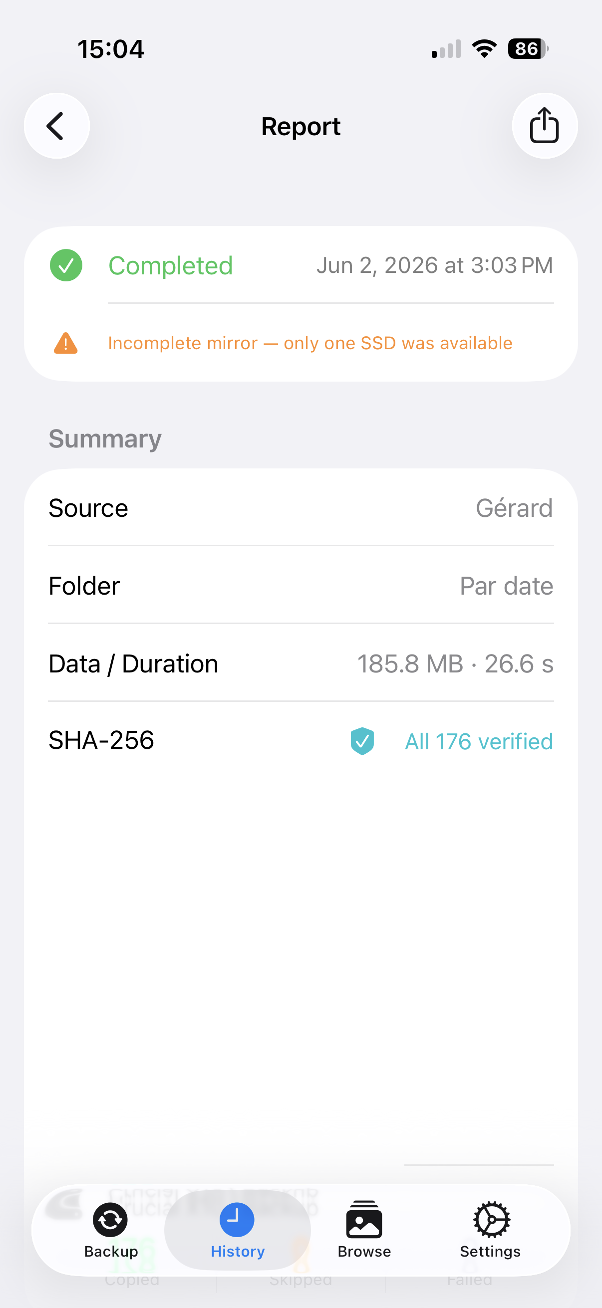 Report — summary with source, folder, data size and SHA-256