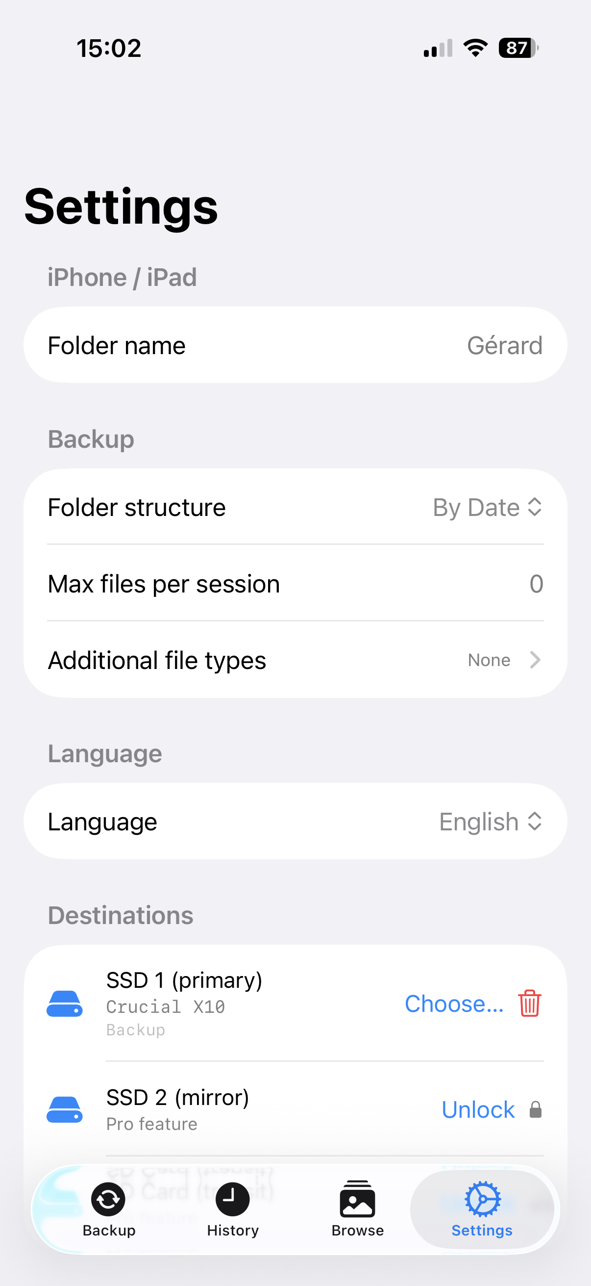 Settings — SSD 1 configured