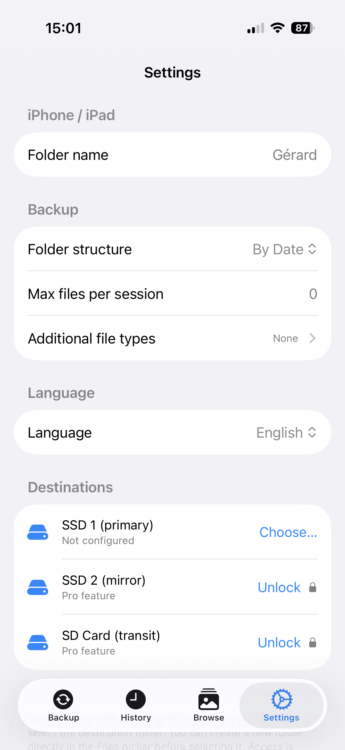 Settings — Folder name set to "Gérard"